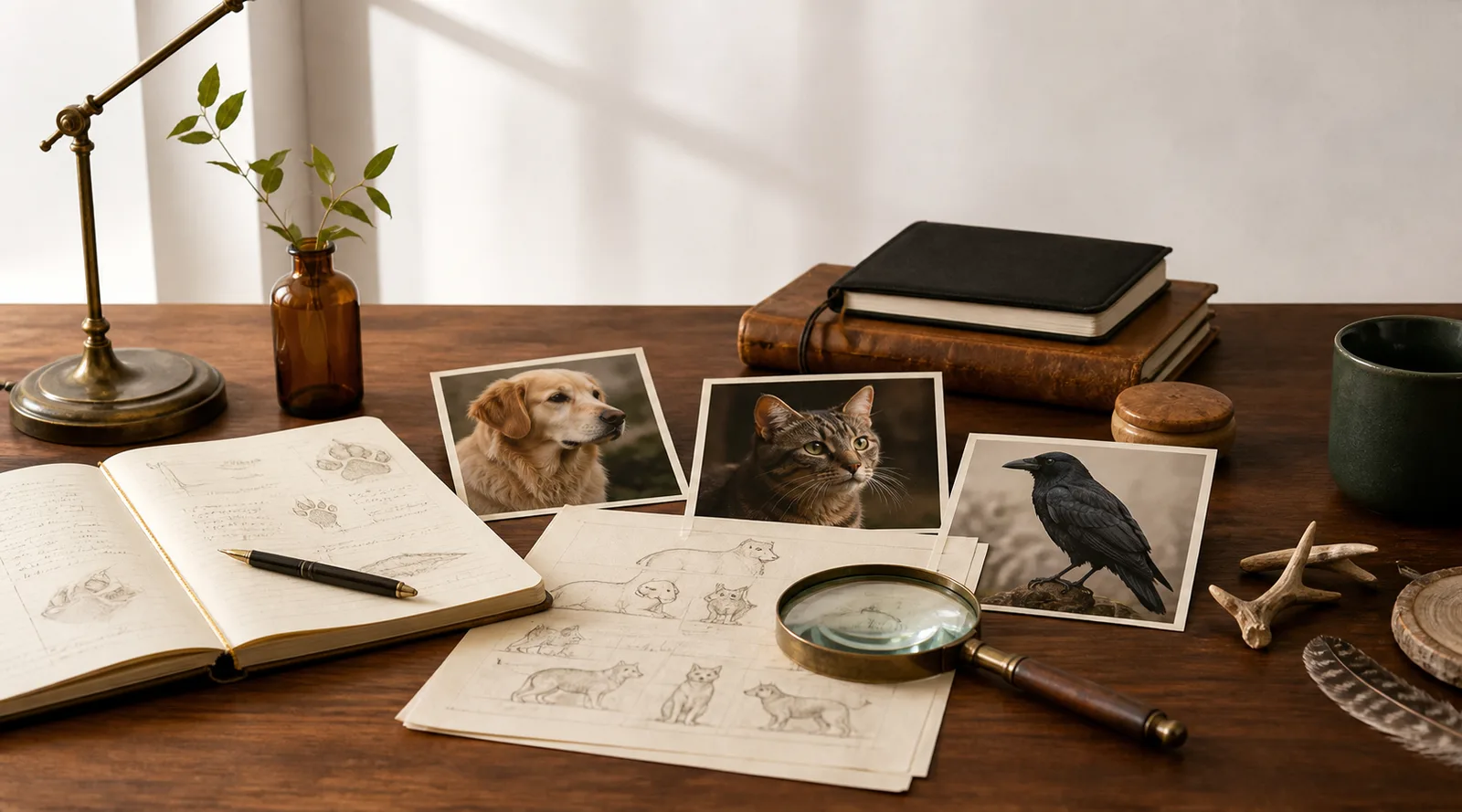 A detective desk with dog, cat, and crow behavior case notes.